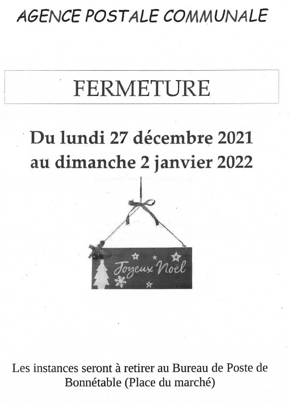 Fermeture de l’agence postale du 27/12/2021 au 02/01/2022