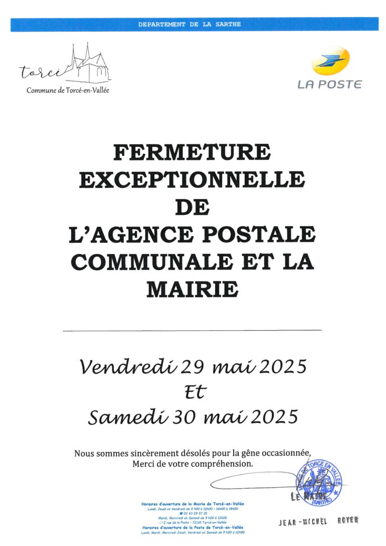 Lire la suite à propos de l’article Fermeture exceptionnelle de l’agence postale et la mairie les 30 et 31 mai 2025