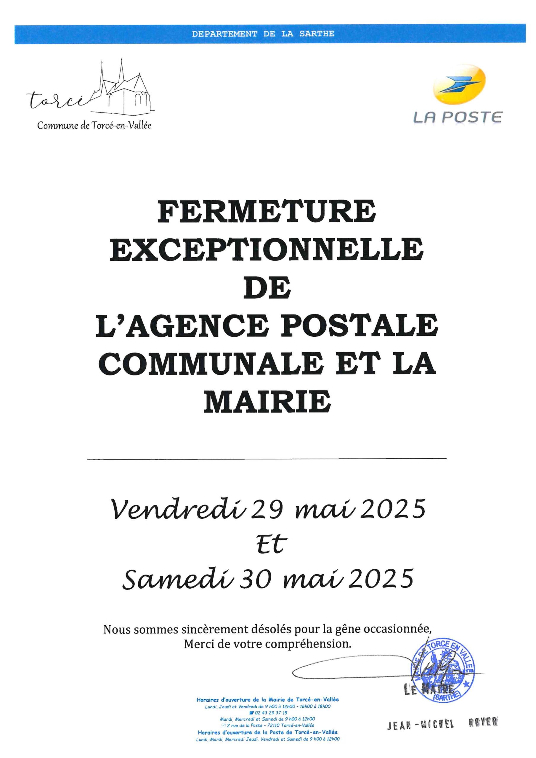 Lire la suite à propos de l’article Fermeture exceptionnelle de l’agence postale et la mairie les 30 et 31 mai 2025