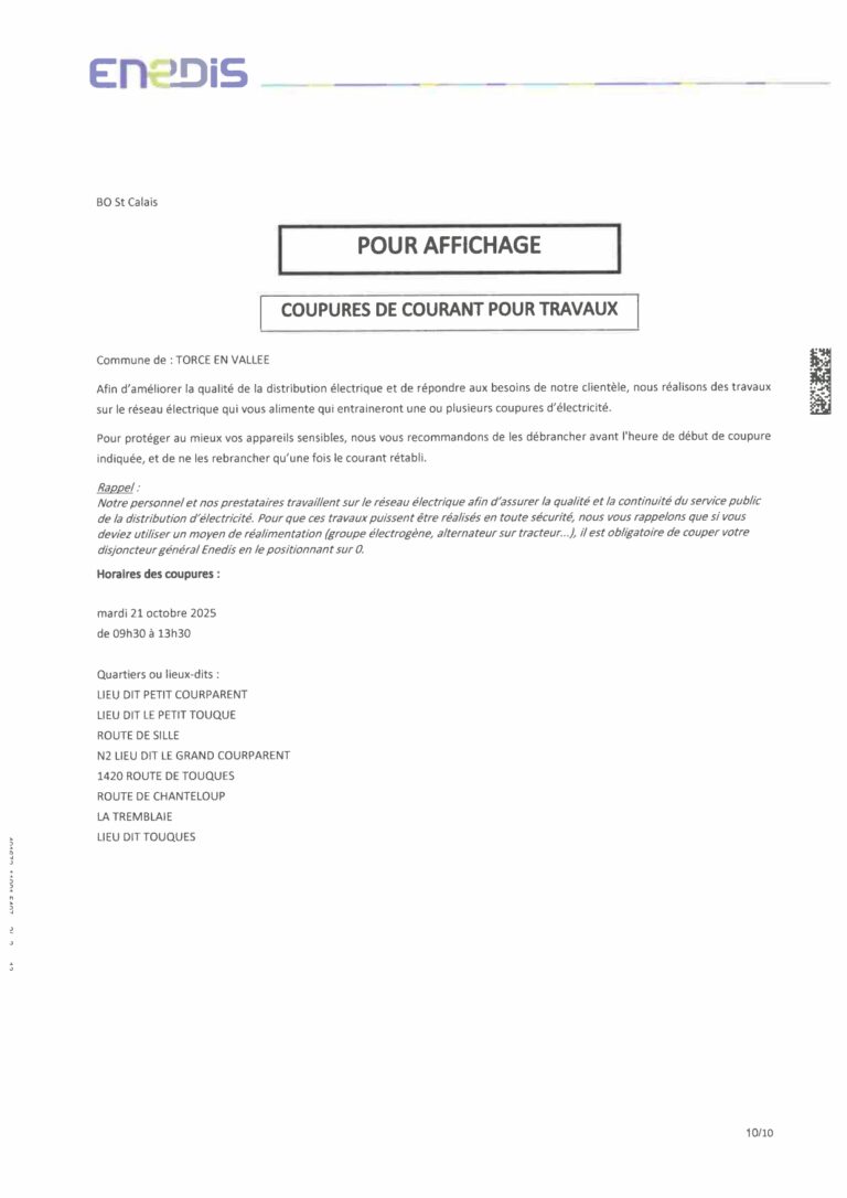 Lire la suite à propos de l’article COUPURES DE COURANT POUR TRAVAUX