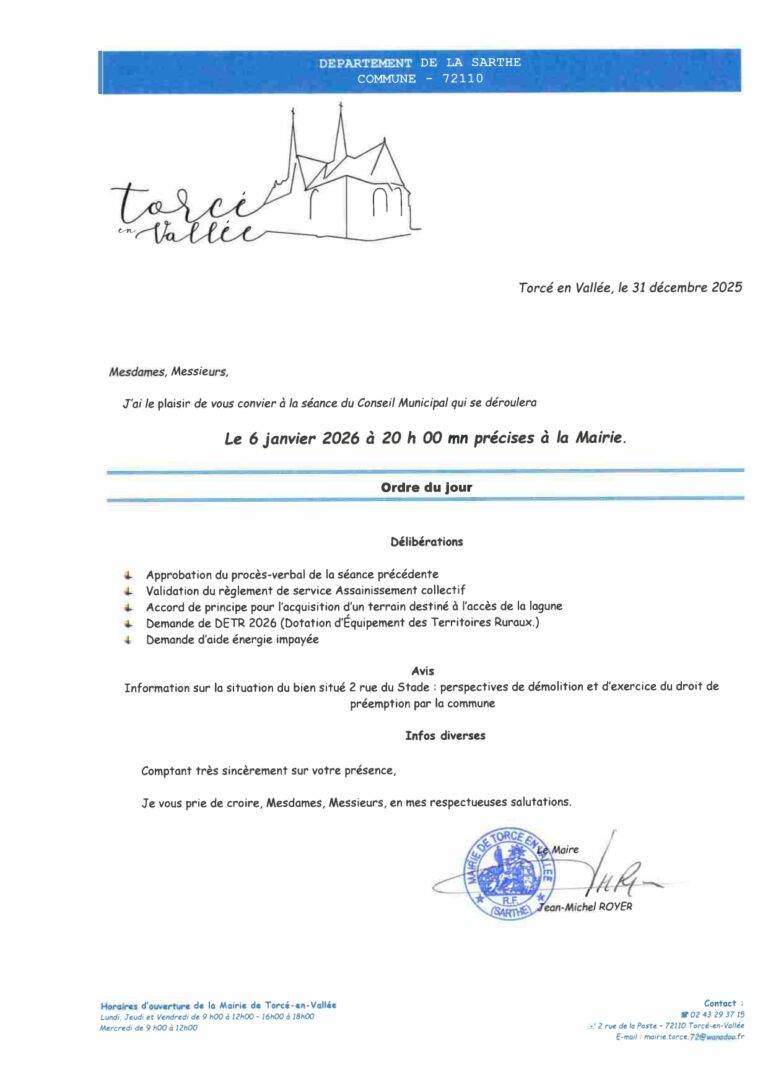 Lire la suite à propos de l’article CONVOCATION CONSEIL MUNICIPAL JANVIER 2026