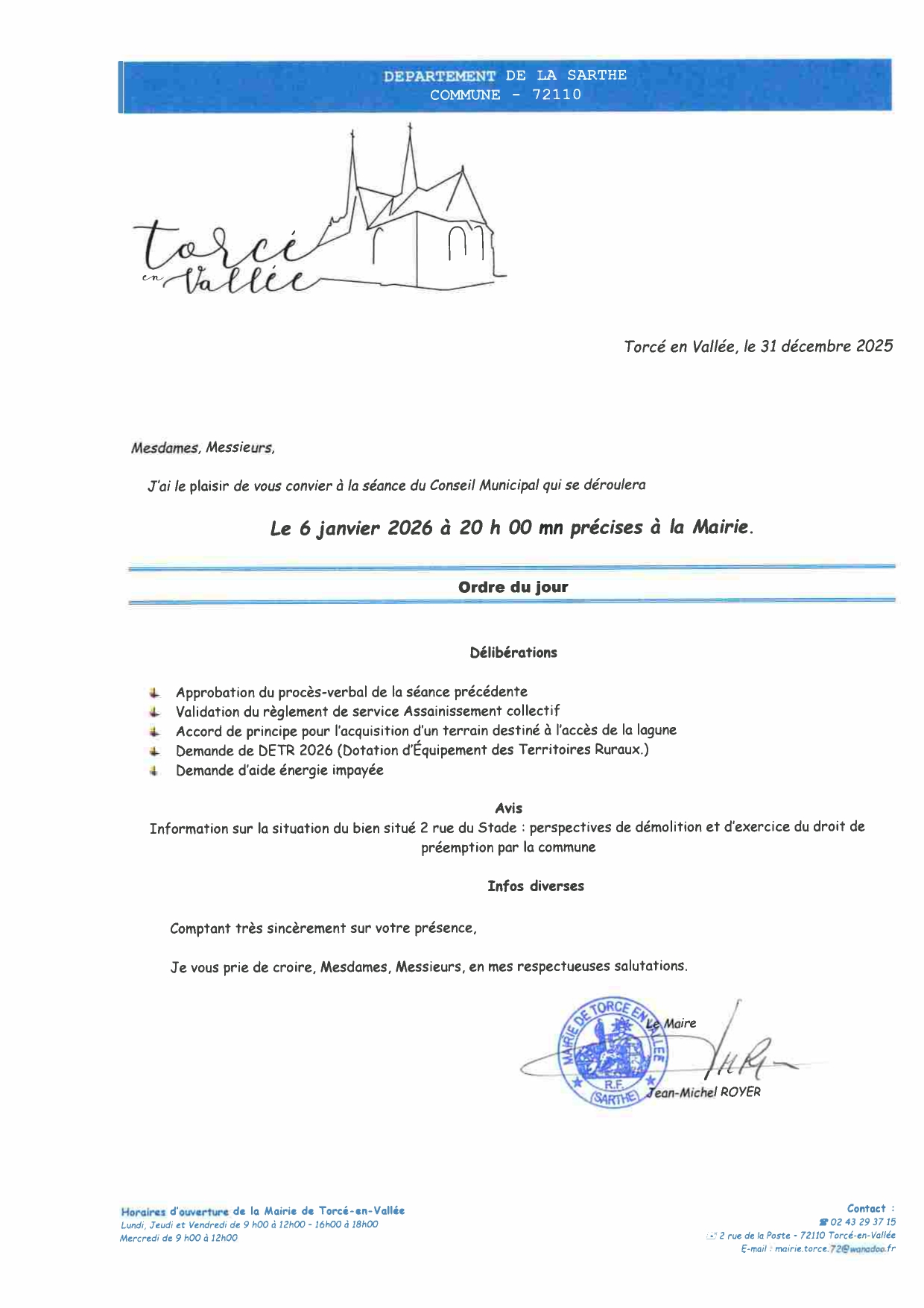 Lire la suite à propos de l’article CONVOCATION CONSEIL MUNICIPAL JANVIER 2026
