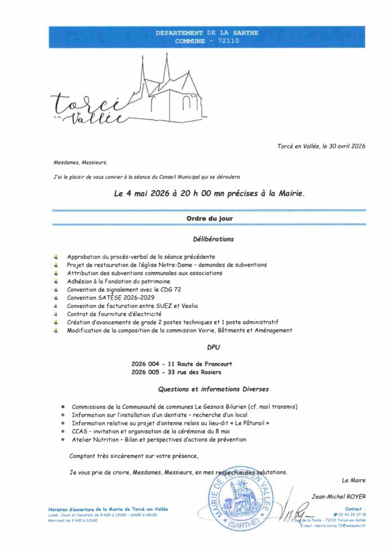 Lire la suite à propos de l’article CONVOCATION CM 04 MAI 2026