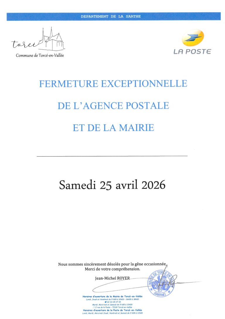 Lire la suite à propos de l’article FERMETURE EXCEPTIONNELLE AGENCE POSTALE ET MAIRIE